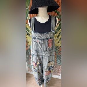 Denim Embroidered Patchwork Overalls Jumpsuit - Light Blue